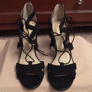 Beautiful black suede string up ankle sandals, 9.5